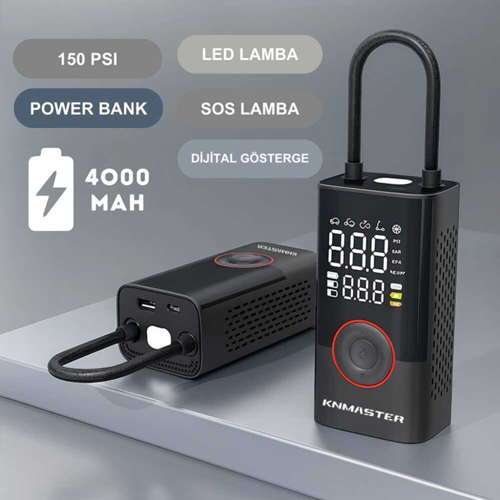 KNMASTER LP200 – 150 PSI DİJİTAL GÖSTERGELİ ŞARJLI HAVA POMPASI