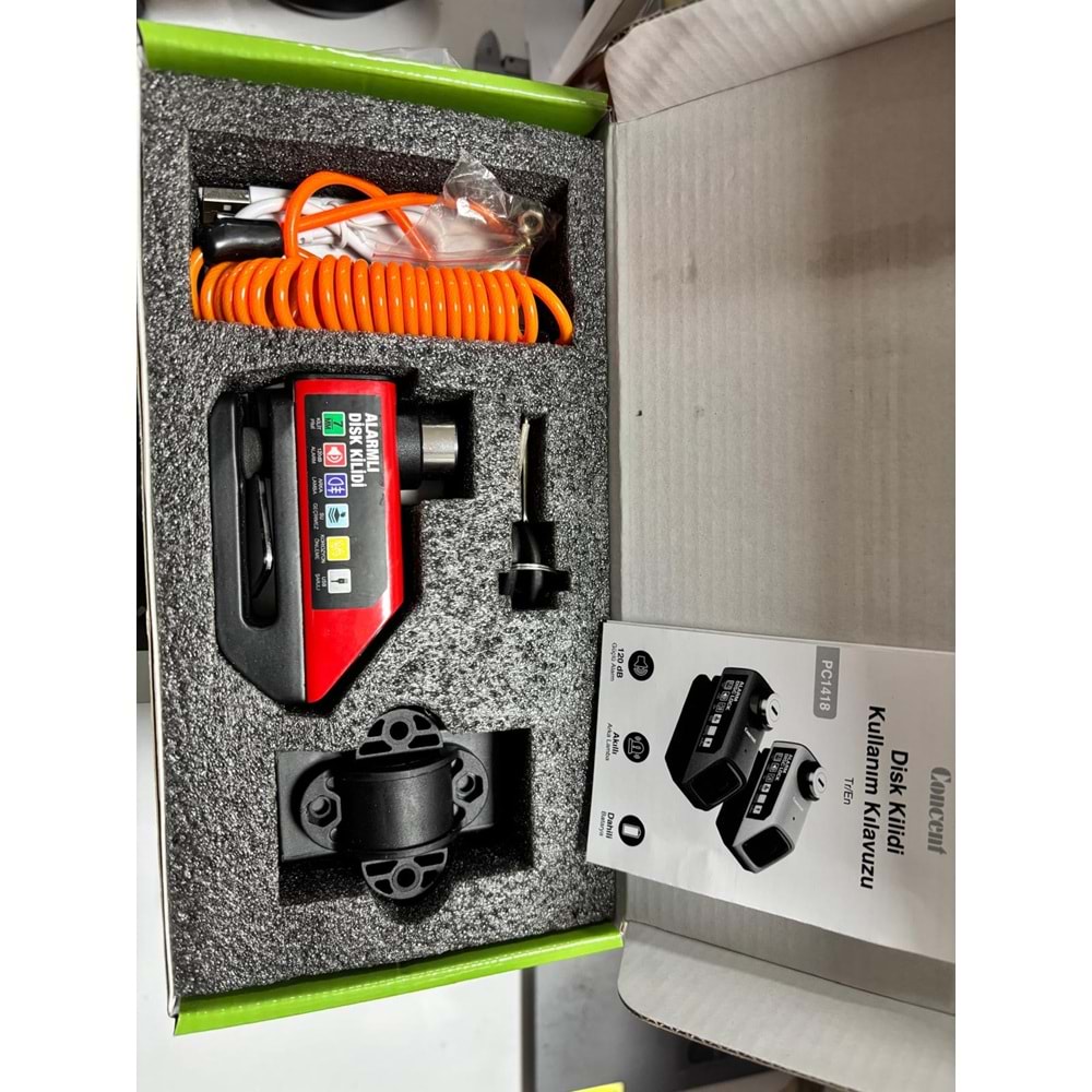 DİSK KİLİT ALARMLI + HATIRLATMA KABLOSU USB ŞARJ IŞIKLI