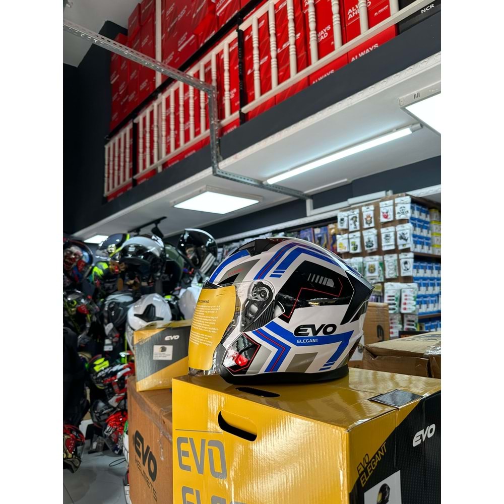 EVO 528 ÇENESİZ KASK BEYAZ/MAVİ/SİYAH
