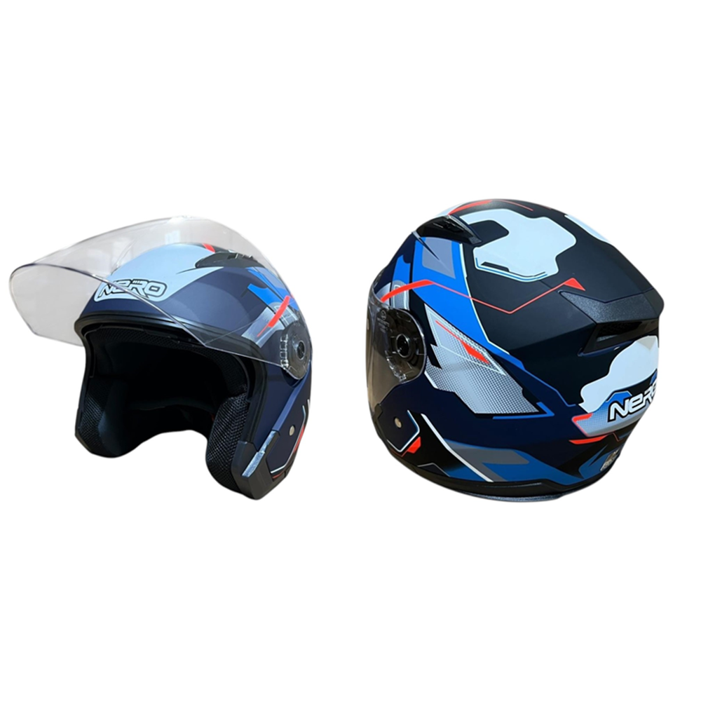 NERO KASK ÇENESİZ 528-1 MAT SİYAH - MAVİ E1 (M) (MANUEL VİZÖR)