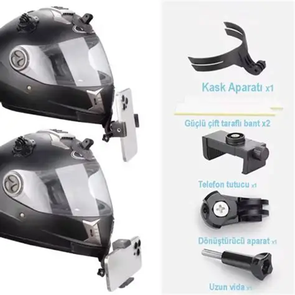 KASK ÇENE YAPIŞTIRICILI TELEFON VE AKSİYON KAMERA TUTUCU FULL SET