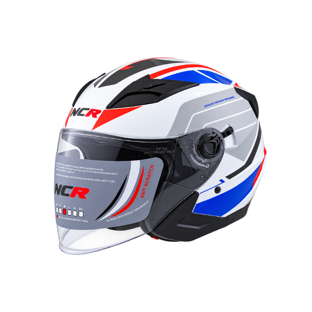 KASK ÇENESİZ VİZÖRLÜ 708 ECE BELGELİ - BEYAZ - MAVİ GRAFİK L